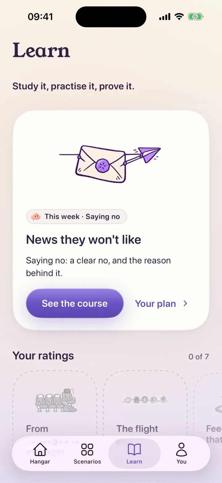 Learn: twelve short courses, each with reading, practice and a checkride.